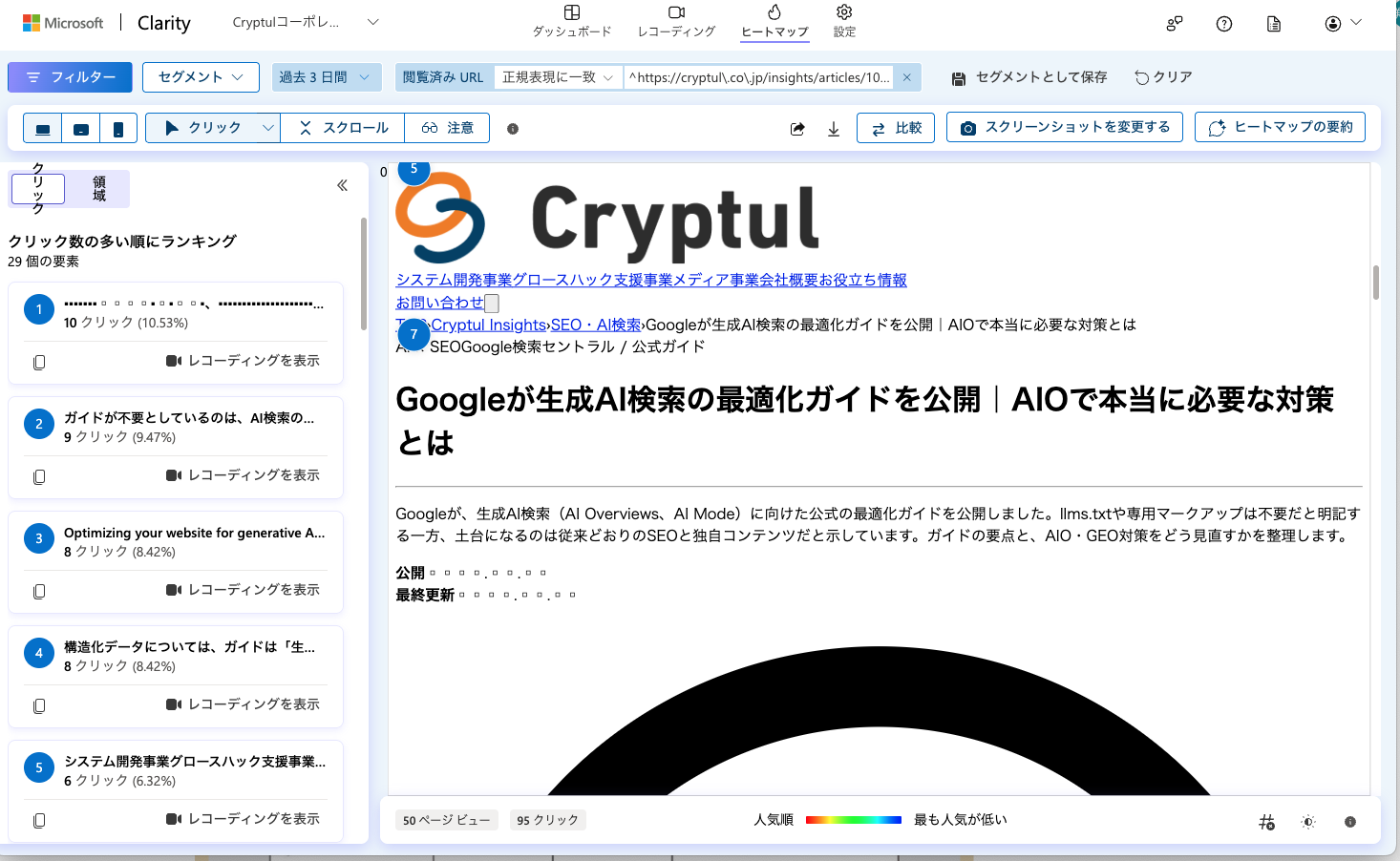 Microsoft Clarity のヒートマップ画面で記事ページを開いたところ。ロゴが等倍で巨大に表示され、ナビゲーションが横一列に並ばず、ヒーローカードが角丸の楕円状の暗色シェイプとして再構築されている、未スタイル状態の例。