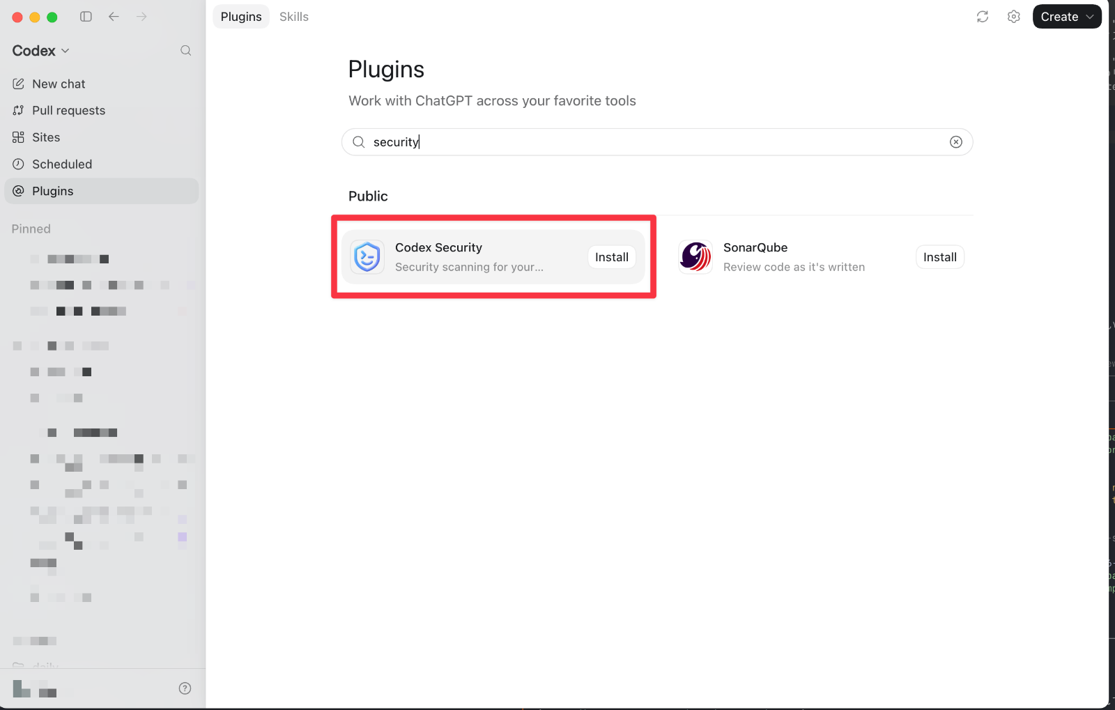 Codexデスクトップアプリのプラグイン一覧。検索欄に security と入力し、Public の枠に Codex Security（Security scanning for your…）と SonarQube が並び、Codex Security の Install ボタンが赤枠で強調されている。