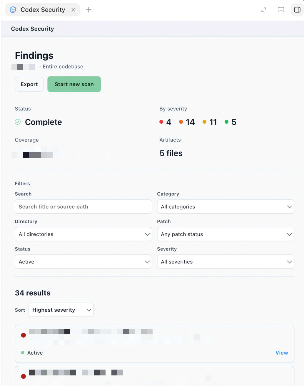 Codexデスクトップアプリのスキャン結果画面。Status は Complete、By severity は赤4・オレンジ14・黄11・緑5、Artifacts は5 files。Search・Category・Directory・Patch・Status・Severity で絞り込め、Highest severity 順に並んだ検出一覧（34 results）が表示されている。リポジトリ名・カバレッジの詳細・検出のタイトルとパスは伏せている。