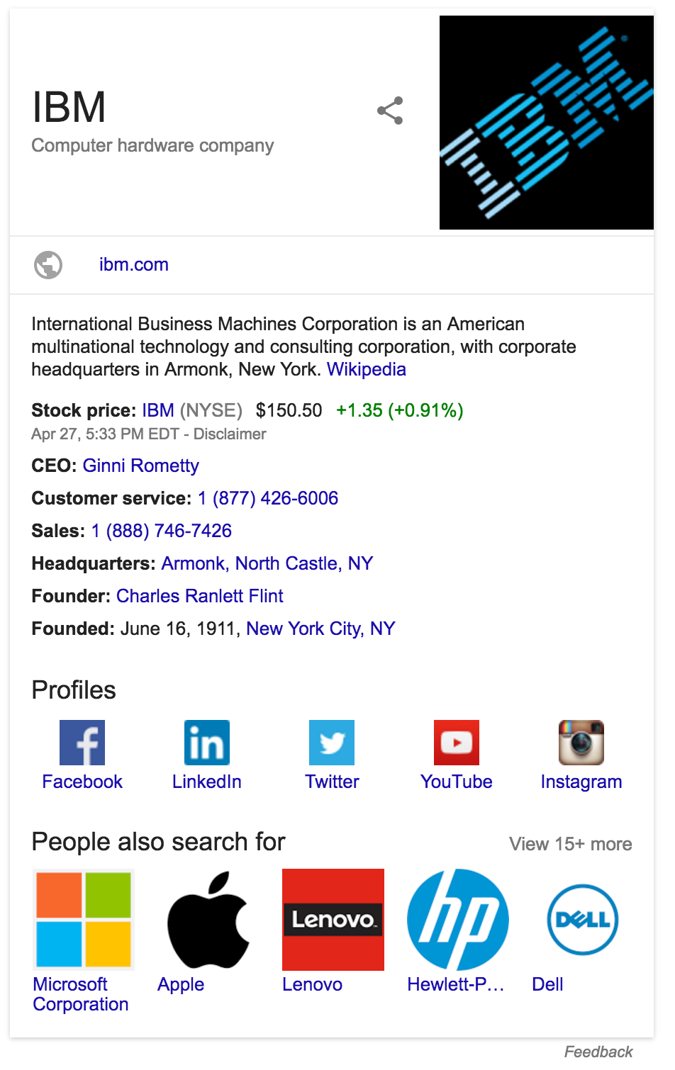 Google 検索結果に表示される IBM の Knowledge Panel の例